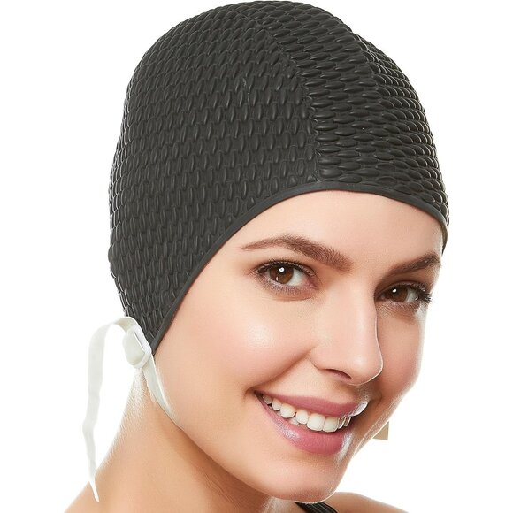 Beemo Swim Cap Women Chin Strap Bubble Crepe Latex Long Short Hair - Black - Picture 1 of 8